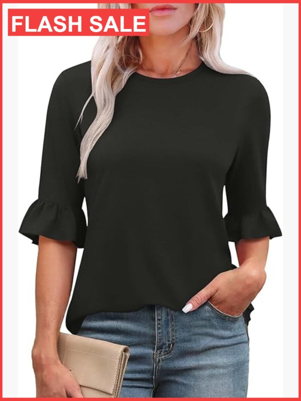 Loose Fit 3/4 Sleeve Ruffle Tunic Blouse Crew Neck